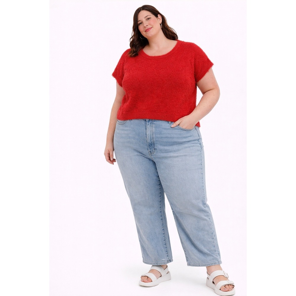 Freshman Fuzzy Short Sleeve Sweater Women XL Red Eyelash Knit Coquette Soft Girl